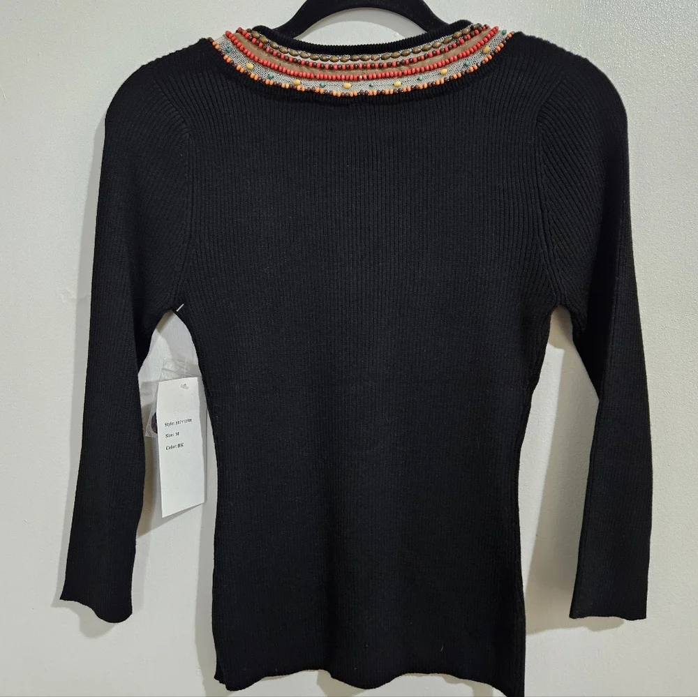 NEW Vintage Berek Takako Sakon Beaded Ribbed Knit Top Black Boho Art To Wear M - Picture 10 of 14